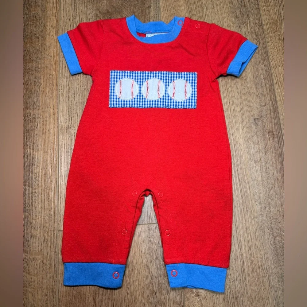 Three Sisters Baseball Romper 3M Red Blue Applique Baby Boy Snap One Piece Sport